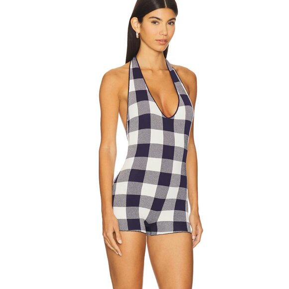 SER.O.YA Aro Romper in Navy Blue Black & Eggshell White Gingham Plaid Small - Picture 2 of 9